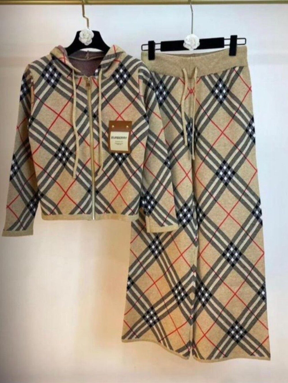 Beige Plaid Hooded Pajama Set with Wide-Leg Pants - Picture 1 of 1